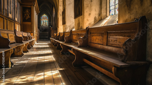 Sunlit pews in a quiet church. photo
