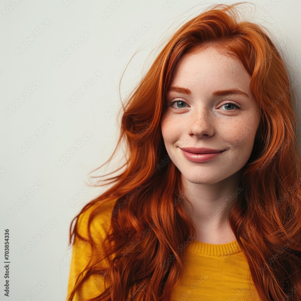 A young redhead woman against a bright background A young redhead woman against a bright background