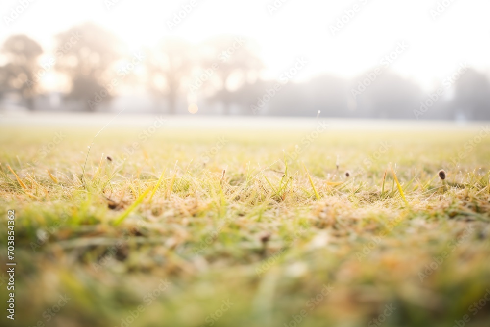 dewy grass field with a layer of low-lying fog