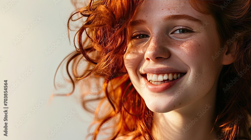 Banner with smiling young redhead woman on light background Banner with smiling young redhead woman on light background