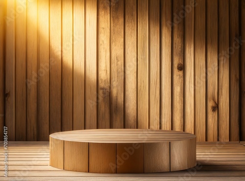 Wooden empty podium isolated on wooden background for product display, with copy space