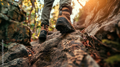 Hiker's feet ascending a rocky trail.