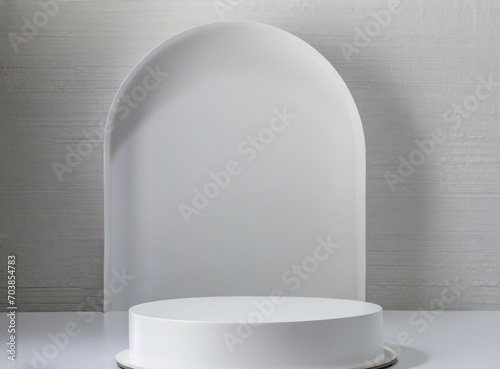 White empty podium illuminated, isolated on white background. Photographer studio clean background for product display, with copy space.