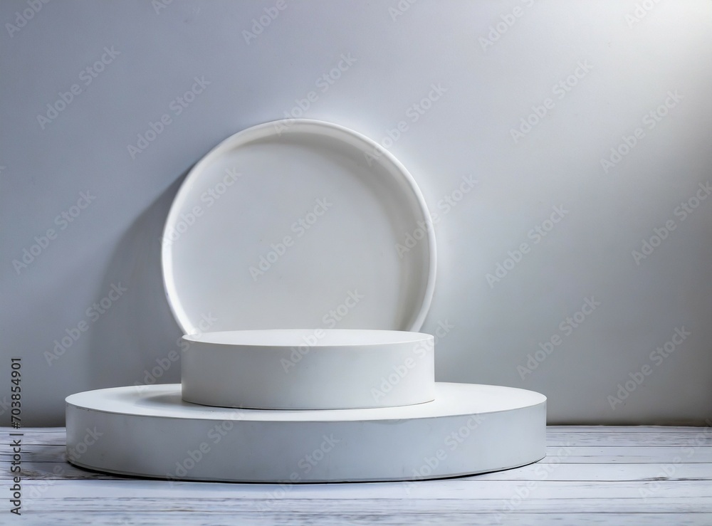 White empty podium illuminated, isolated on white background. Photographer studio clean background for product display, with copy space. White empty podium illuminated, isolated on white background. Photographer studio clean background for product display, with copy space.