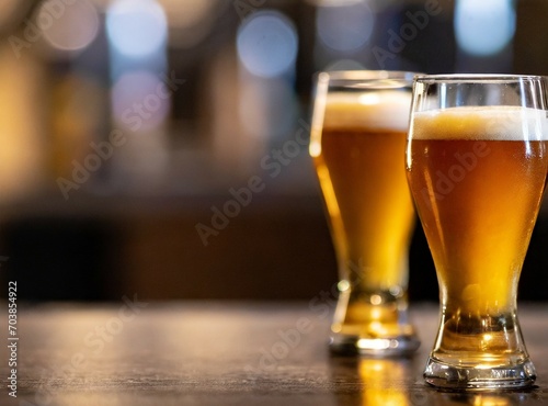 Two glasses of beer with copy space, isolated on bar background
