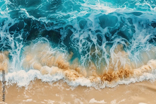 Aerial view of a beach with a blue wave