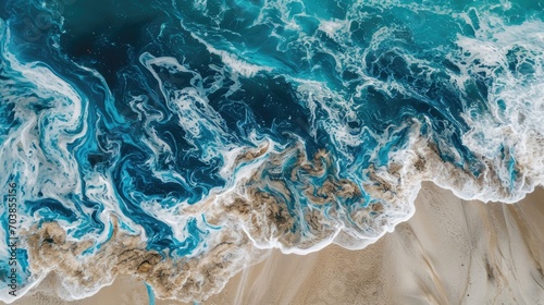 Aerial view of a beach with a blue wave