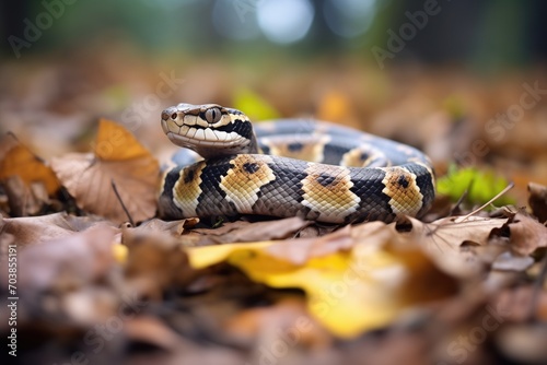 dark-spotted python on leafy ground