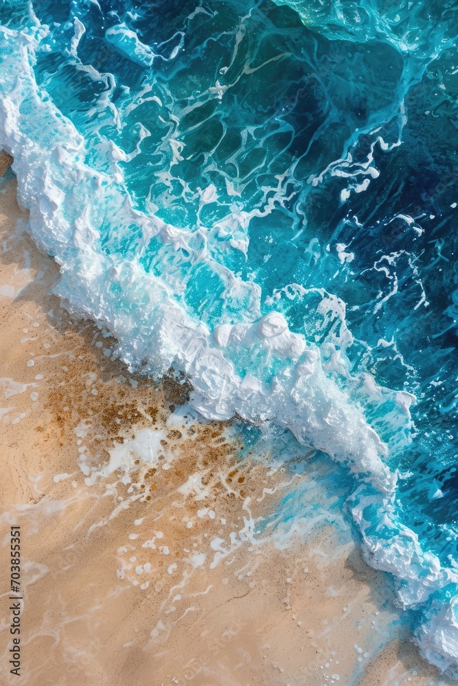 View from above on beach with a blue wave