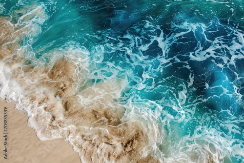 View from above on beach with a blue wave