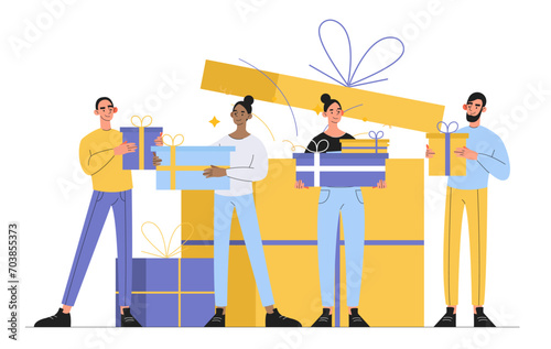 People with gifts concept. Man and woman near present box. Surprises at holiday and festivals.Discounts and sales, promotions. Cartoon flat vector illustration isolated on white background © Rudzhan