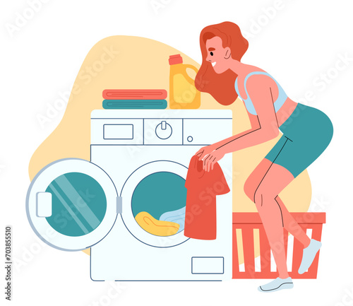 Girl washing things. Woman near washing machine with dirty clothes. Household chores and routine. Ceanliness and hygiene, laundry. Cartoon flat vector illustration isolated on white background