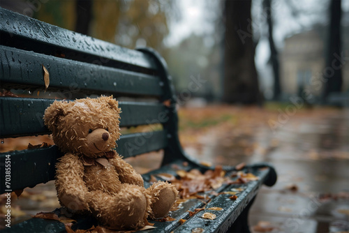 Lonely lost bear on a wet bench in a rainy park. Loneliness concept, International Missing Children's Day