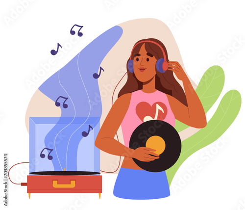 Woman listens to music. Young girl in hedadphones with vynil disc. Music lover with favorite songs and playlist. Leisure and rest. Cartoon flat vector illustration isolated on white background