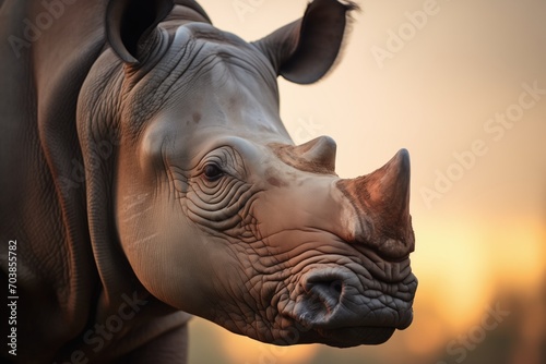 backlit rhino with a halo of light at dusk