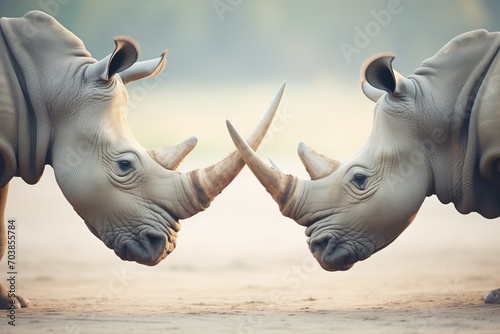 two rhinos locking horns in mild confrontation photo