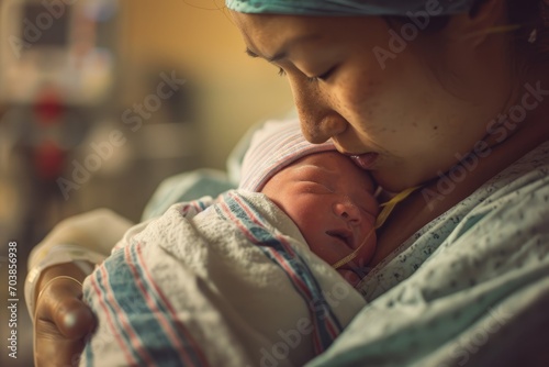 The Miracle of Motherhood: A tender moment in the hospital, as a mother embraces her newborn for the first time, symbolizing the profound love and the beginning of a beautiful journey.