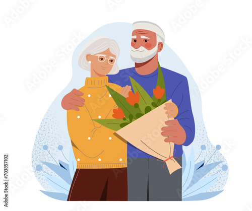 Happy seniors couple with bouquet concept. Elderly man and woman with blossom. Wedding anniversary and Valentines Day. Romantic present. Love and care, romance. Cartoon flat vector illustration