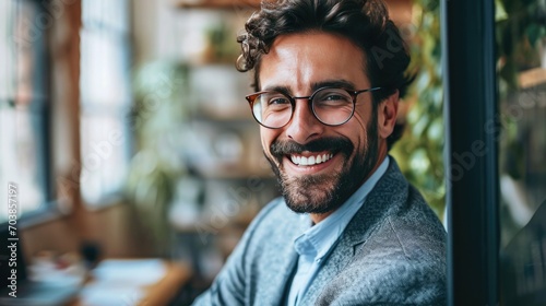 In the office, a happy, smiling businessman