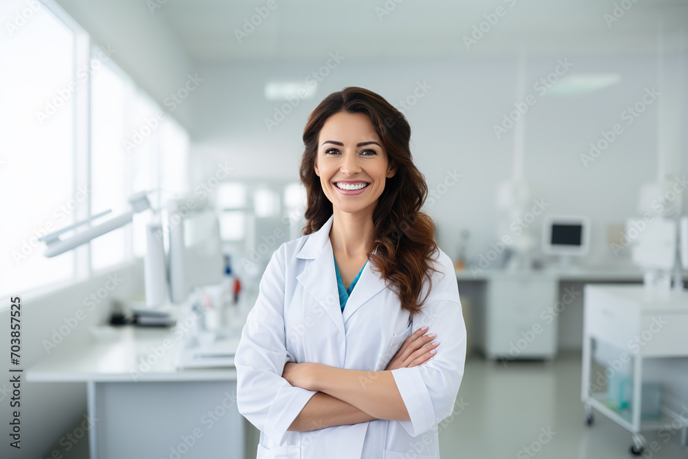 Young successful female worker of scientific laboratory in whitecoat Young successful female worker of scientific laboratory in whitecoat