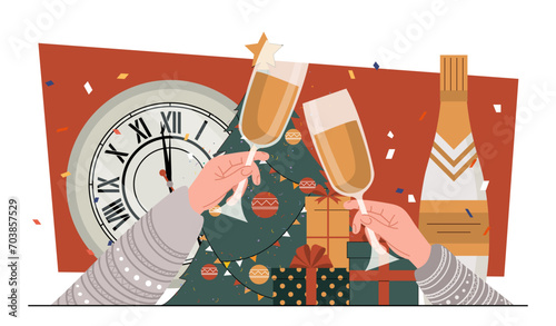 Holiday new year concept. Hand of man and woman with glasses of champagne. Noel Eve and Merry Christmas. Young couple celebrate winter holidays indoor. Cartoon flat vector illustration