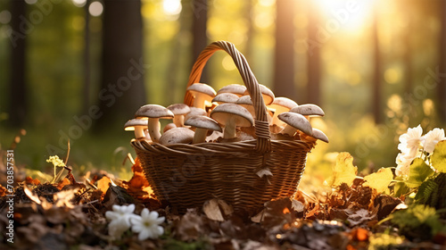 basket full of mushrooms in nature. Edible forest mushroom growing in moss in the forest in sunlight close-up. photo