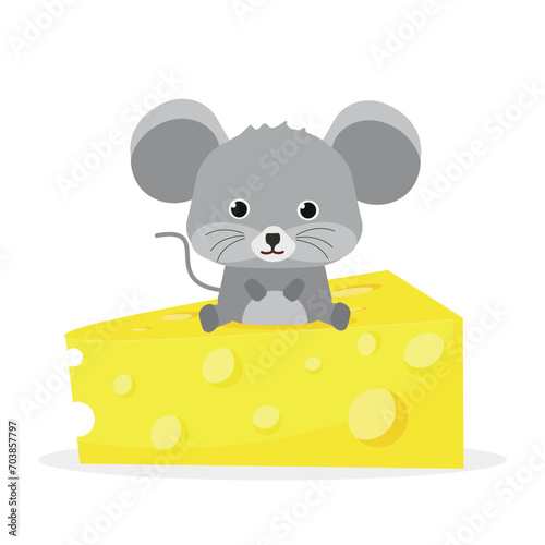 Vector kids illustration. Mouse is sitting on cheese. Cute animal character. Minimal cartoon design. Sutable for apps and animation.  photo