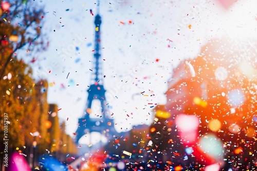 Summer 2024 Olympic Games in Paris, France with Eiffel Tower in the background. Spectacular opening ceremony event with confetti.