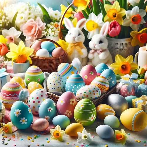 Farbenfrohe Osterszene mit dekorierten Eiern und Frühlingsblumen photo
