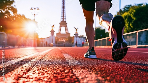 Athlete man running in his sneakers in the streets of Paris with Eiffel Tower in front of him. Male jogging in running shoes closeup. Outdoor recreational training and active lifestyle.
 photo