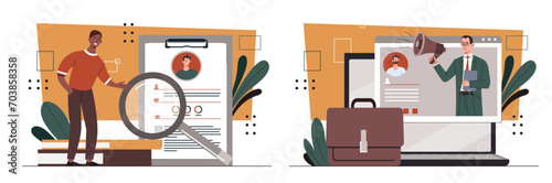 HR managers searching set. Recruiting and headhunting. Two men with magnifying glass and briefcase. Choose candidates to vacation. Cartoon flat vector collection isolated on white background