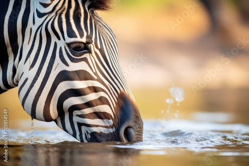 close-up of zebra drinking with ripples around