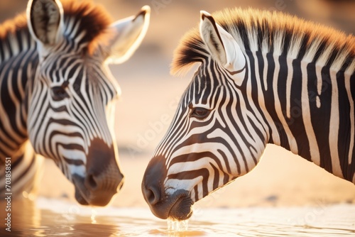 zebras interacting  heads close at waterhole