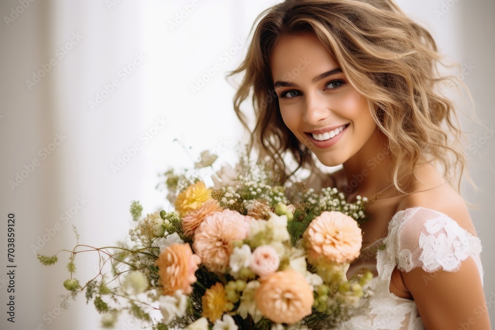 A happy bride with flowers in her hands.