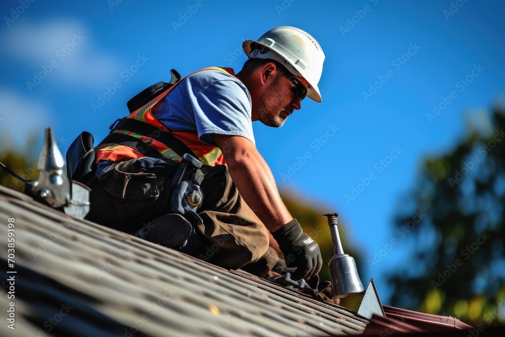Fototapeta premium A roofer at work on a construction site.