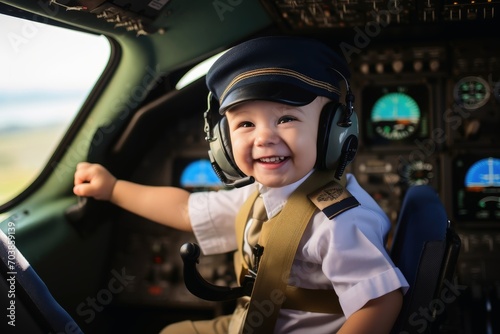 A happy kid in the cockpit of an aircraft.