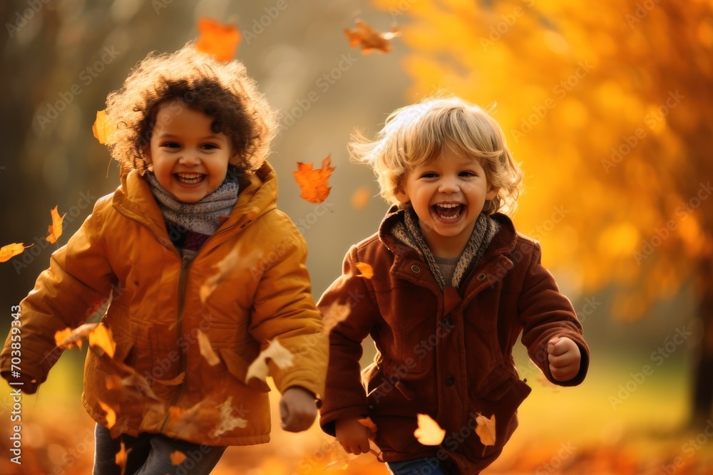 Happy kids playing with autumn leaves. Happy kids playing with autumn leaves.