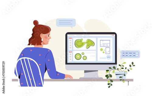 Landscape designer at workplace concept. Woman sitting at computer. Geology and geodesy, cartography. Freelancer and remote employee work from home. Cartoon flat vector illustration