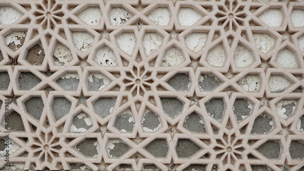 Relief Pattern Old Weathered Cracked Whitewashed Wall. Architecture Decorative Detail Close Up. Vintage Style