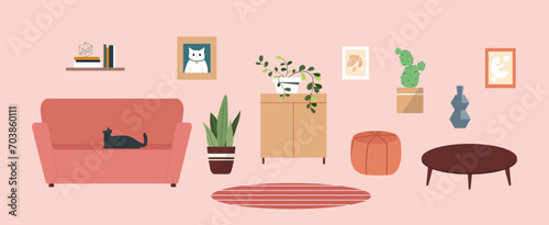 Living room furniture set. Sofa and couch near brown table and desk. Comfort and coziness. Plants in flowerpots and pictures, shelves. Cartoon flat vector collection isolated on pink background