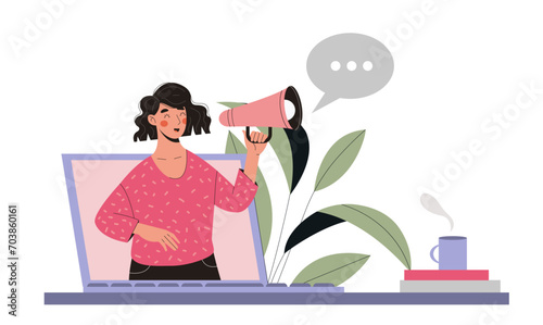 Woman with loudspeaker. Marketer promote goods onn internet and social networks. Online advertising and marketing. Refer friend. Cartoon flat vector illustration isolated on white background