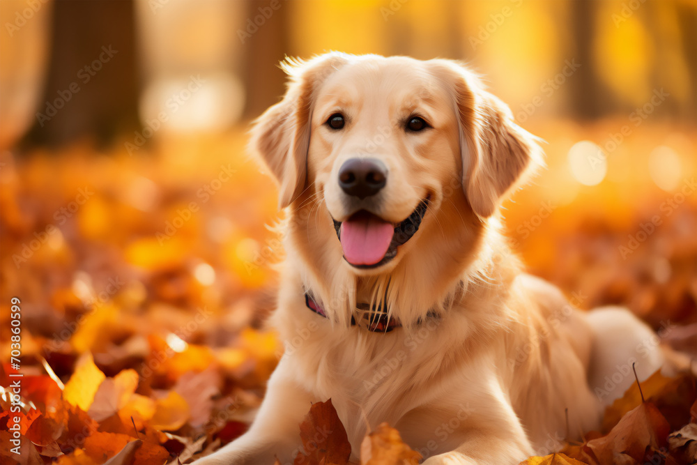 Golden retriever dog sitting on dry leaves at a park in autumn