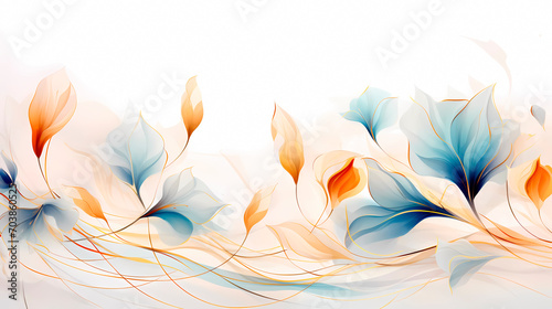 Watercolor floral border with abstract flowers and golden lines. Art background in japanese style #703860525