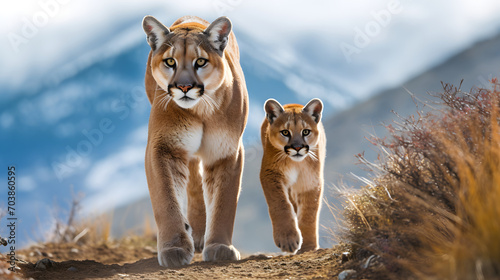 puma and her cub walking in the desert highlands photo