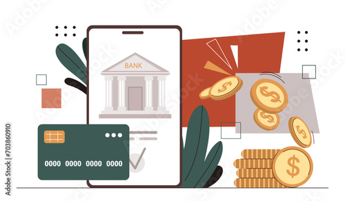 Mobile banking concept. Smartphone with bank building near golden coins. Cashless transfers and transactions, digital wallet. Cartoon flat vector illustration isolated on white background