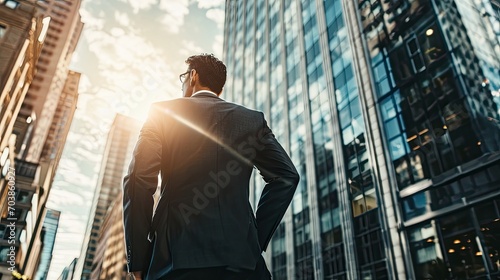 A handsome businessman standing with his back in front of a tall skyscraper building in a modern american city. photo