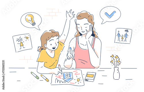 Mother with daughter doodle. Woman draw pictures with daughter. Young girl with kid at workshop or studio. Education and training, skill development. Linear flat vector illustration