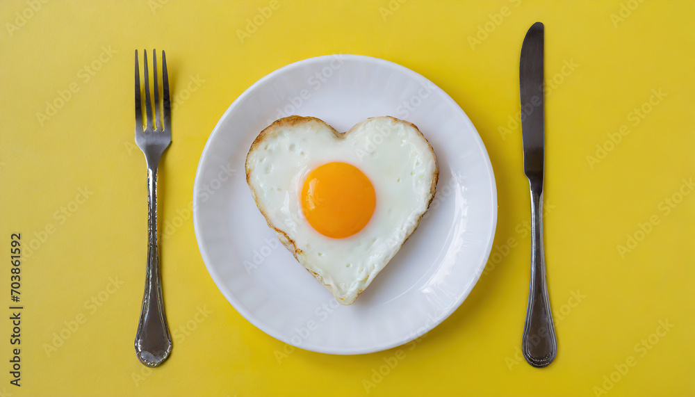 heart-shaped fried egg on a plate on yellow background; top view heart-shaped fried egg on a plate on yellow background; top view
