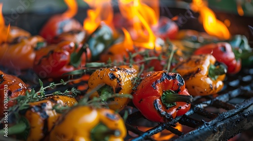 Sizzling grilled BBQ bell peppers with charred stripes, cooking over open flames on a grill, perfect for a summer barbeque or outdoor cooking event.