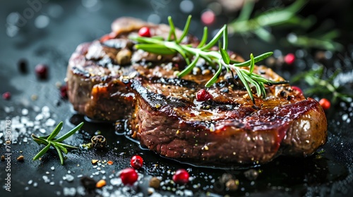 Succulent grilled beef steak with perfect sear marks, served on a rustic plate against a dark, elegant backdrop, exuding a luxurious and gourmet dining experience. photo